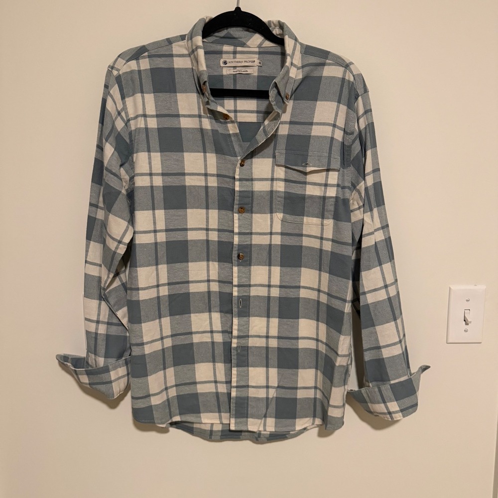 Southern Proper Fayette Flannel Shirt Blue White Plaid Button Down Medium